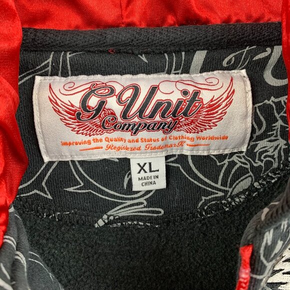 G-Unit Mens Sweater XL Black Red Hoodie Full Zip Embroidered Tattoo Rose Y2K Rap - Picture 7 of 13